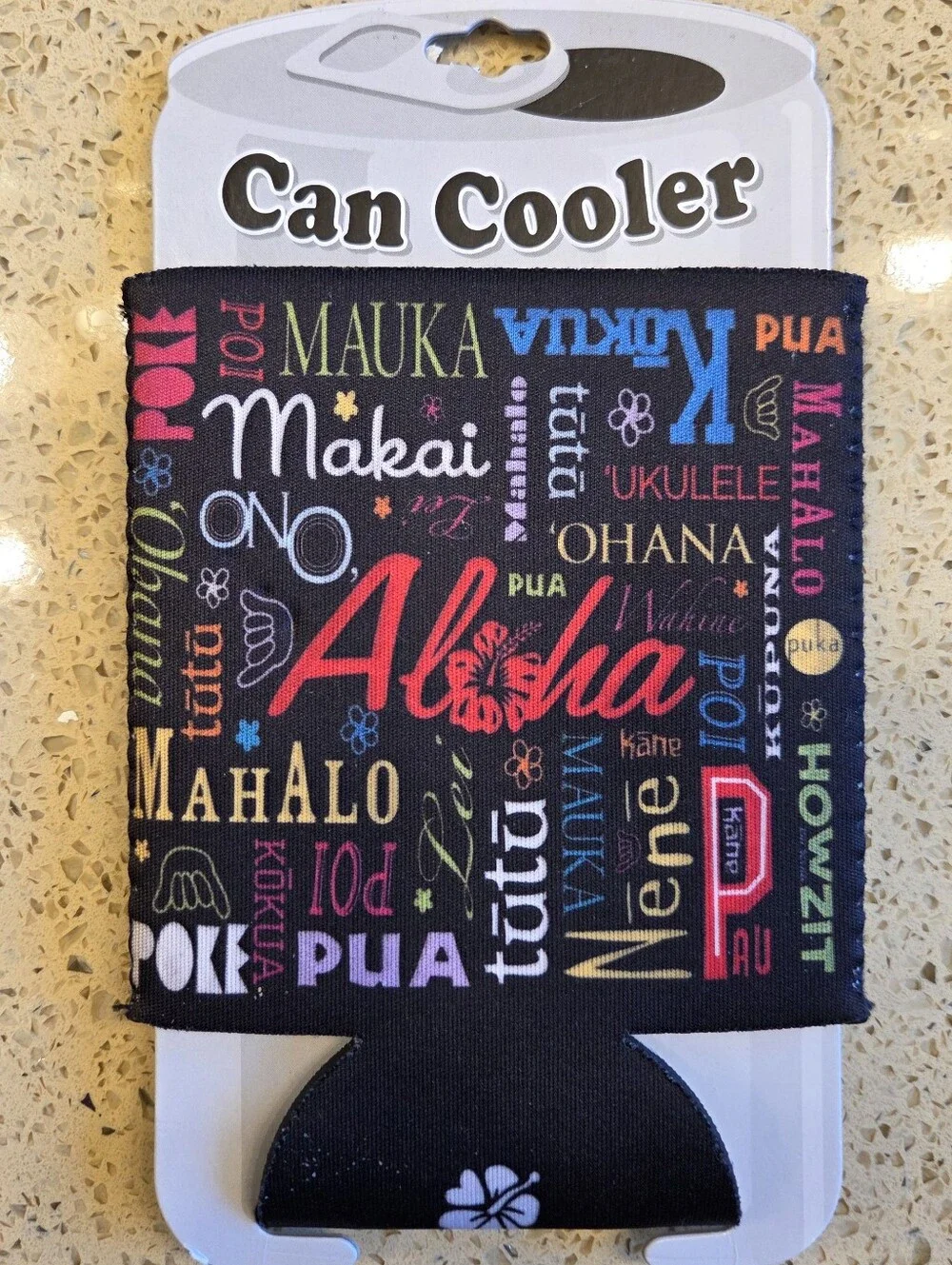 NWT Aloha Hawaii Can Cooler Koozie Colorful Hawaiian Words Souvenir